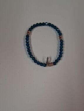 Blue Beaded Stretch Bracelet with Rose Gold Accents